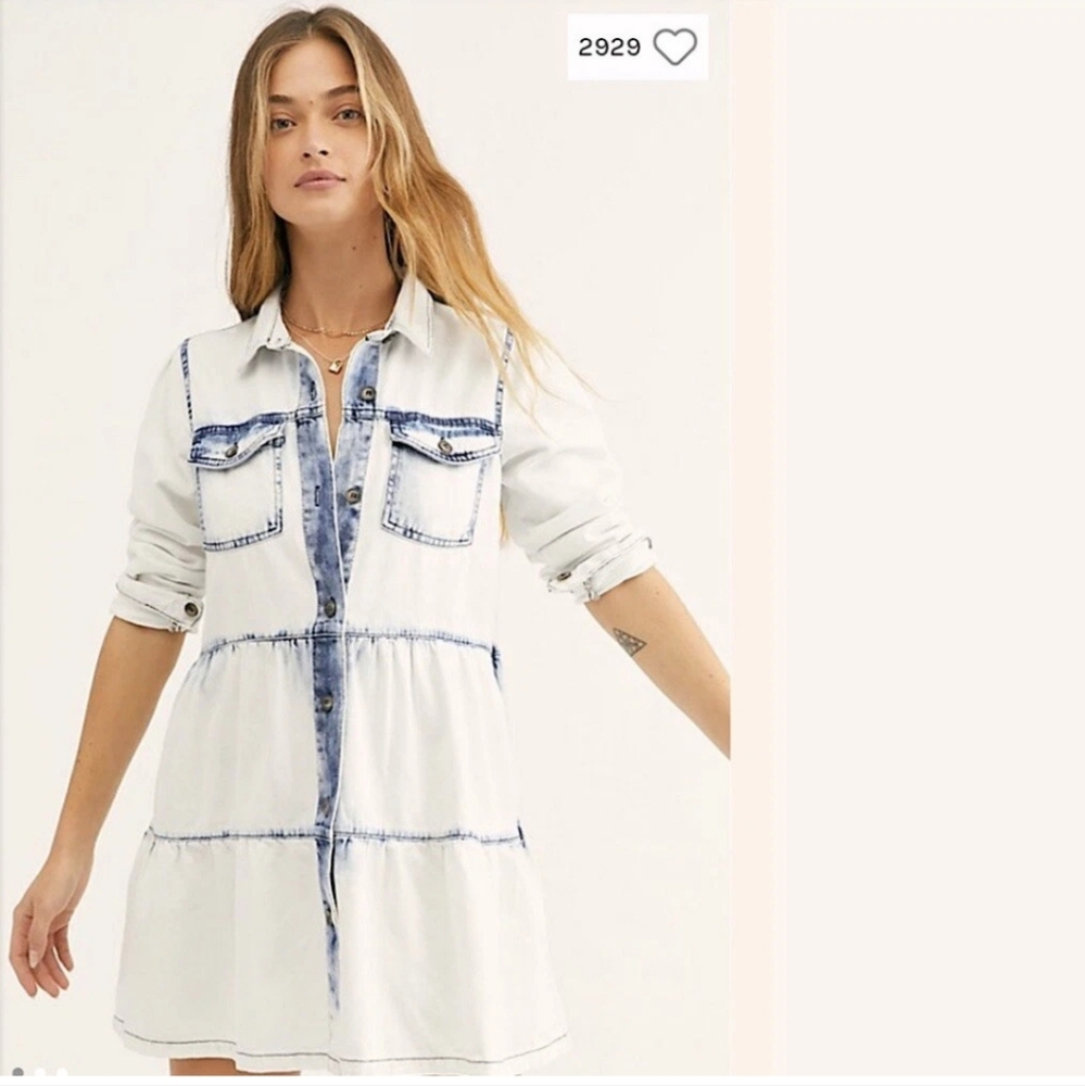 Free People Nicole Shirt Dress Long Sleeve Washed Denim Size S